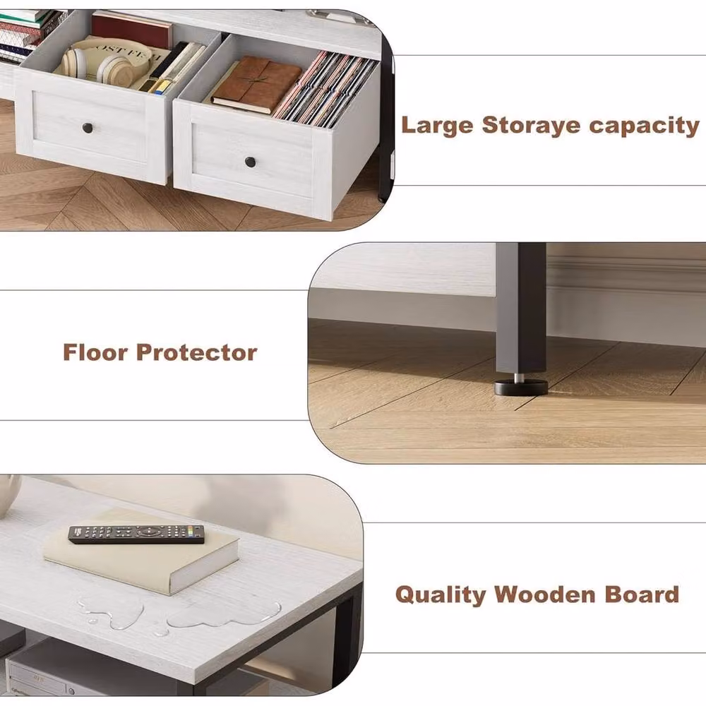 VOGREX Industrial TV Stand with Drawer and Open Shelf Entertainment Center in White – 4