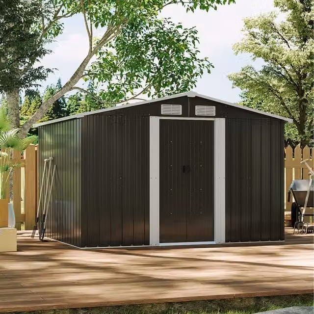 Livingandhome Apex Metal Garden Shed with 4 Plastic Roof Vents, Black, W: 244 cm, D: 183 cm