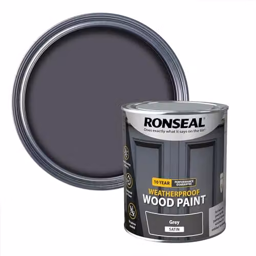 Ronseal 10 Year Weatherproof 2-in-1 Opaque Wood Paint, Grey Satin, 750ml