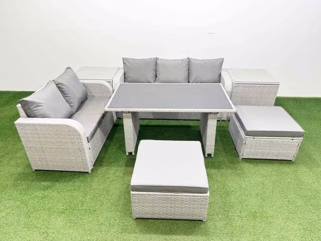 Fimous Garden Furniture Set with Rectangular Dining Table and 2 Side Tables in Light Grey