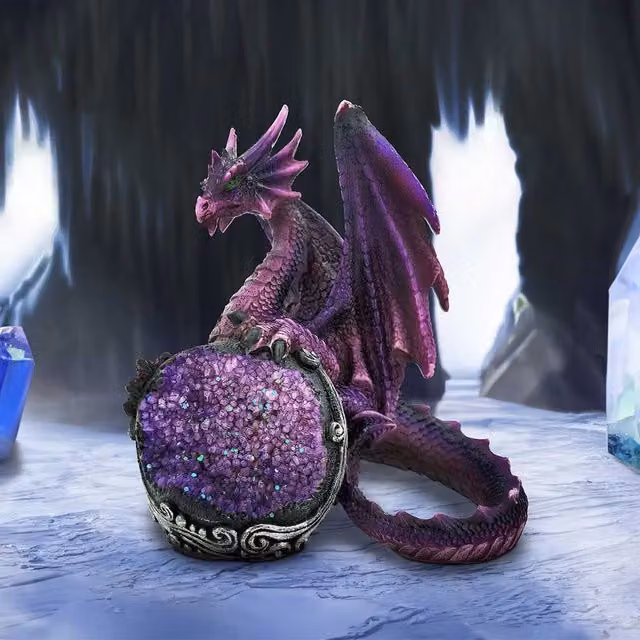 Nemesis Now Guardian of the Geode Purple Dragon Figurine, Purple, Green, Black and Silver, Height: 11.5 cm