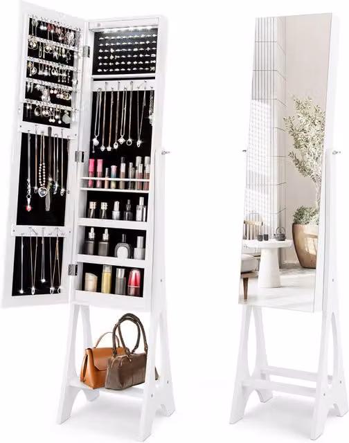 Costway Freestanding Full Length Mirror Jewelry Cabinet with Built-in LED Lighting in White – 1