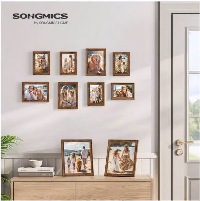 SONGMICS Pack of 10 Vintage Rectangular Photo Frames in Bronze Wood and Glass for Wall Mounting