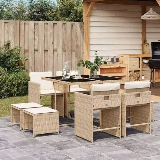 Berkfield Home 9 Piece Poly Rattan Garden Dining Set with Beige Cushions
