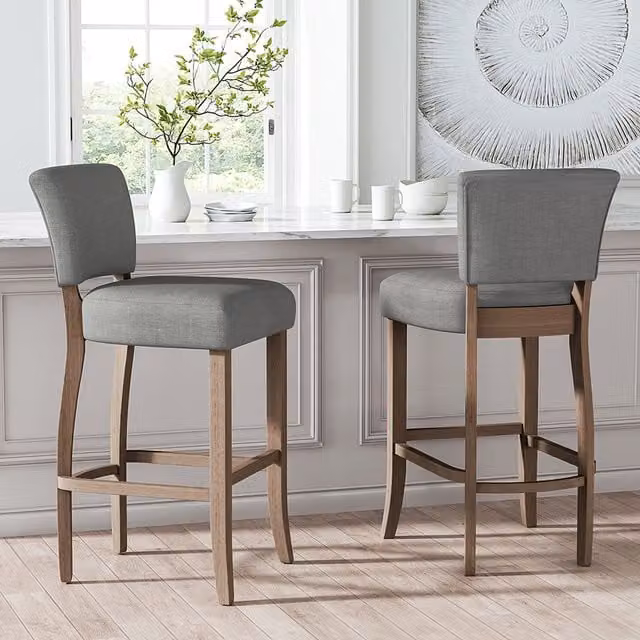 Livingandhome Set of 2 Linen Bar Stools with Solid Wood Legs and Footrest in Light Grey