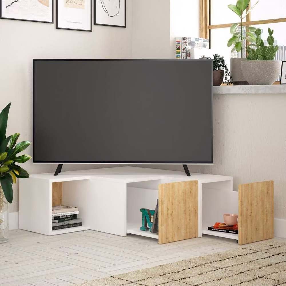 CALICOSY Corner TV Unit with 2 Drawers and 1 Shelf in Light Oak, W: 90 cm, H: 92 cm, D: 32 cm – 2