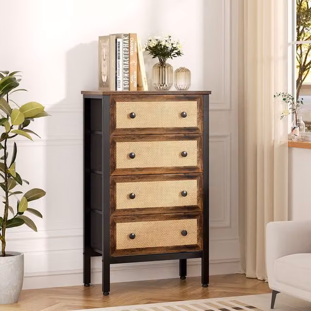Komore Rustic Rattan and Wood Storage Cabinet in Brown and Black, Height: 104.4 cm