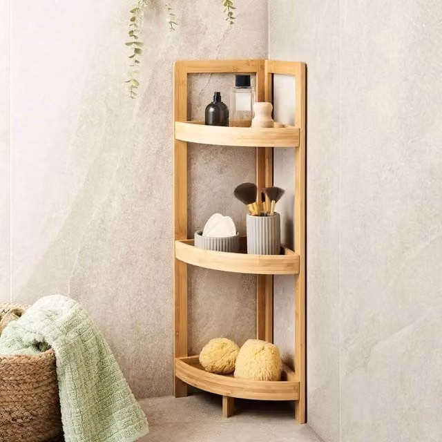 Wyld and Coco 3-Tier Freestanding Bamboo Corner Shelf, Brown