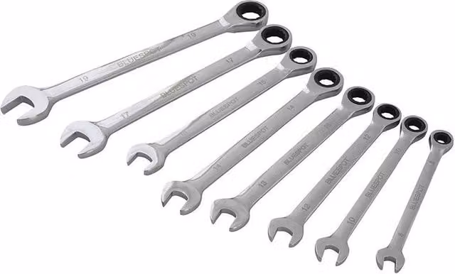 Bluespot Tools 8 Piece Chrome Vanadium Ratchet Spanner Set in Silver