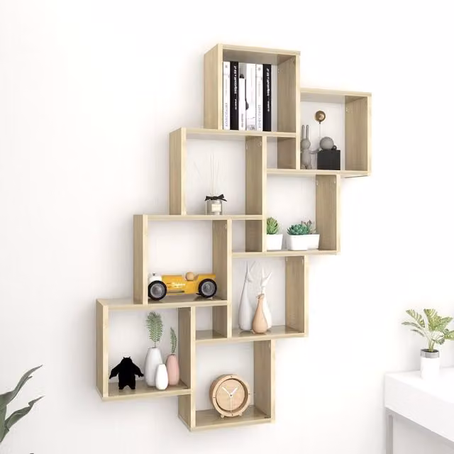 Berkfield Home Wall Cube Shelf in Sonoma Oak, Brown, W/D/H: 90 x 15 x 119 cm