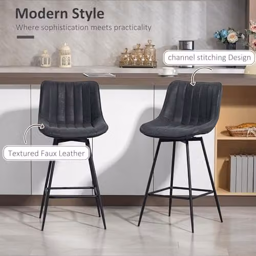 HOMCOM Set of 2 Black Synthetic Leather Swivel Bar Stools with Backrest and Height Adjustment – 4
