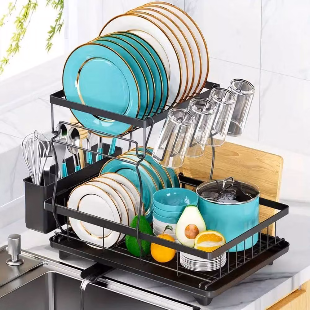 VOGREX 2 Tier Dish Drainer Rack with Cutlery and Cup Holder, Black, W/D/H: 42.5 x 30.5 x 30.5 cm – 4