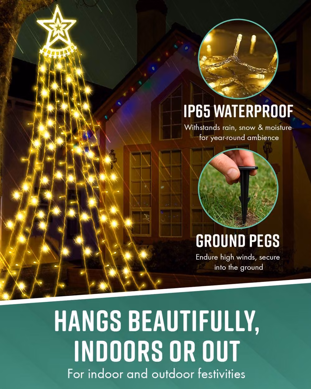 Globrite Warm White LED Curtain Star Fairy Lights, Waterproof Outdoor Waterfall Lights with 350 LEDs – 2