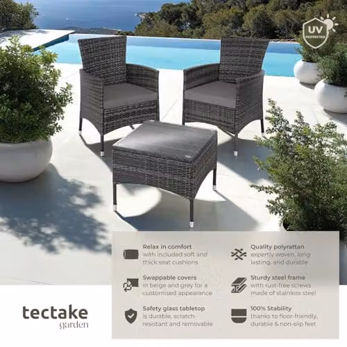 tectake Lucerne Rattan Garden Bistro Set in Grey with Glass Tabletop and Beige and Grey Cushions for 2 Adults – 2