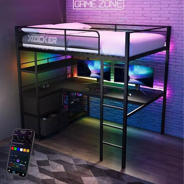 X Rocker Battlebunk XL RGB Double High Sleeper Gaming Bunk Bed with Desk and Under-Bed Lighting in Black