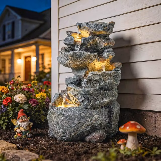 Outsunny 6-Tier Rock Style Outdoor Cascade Water Fountain with LED Lights, Grey