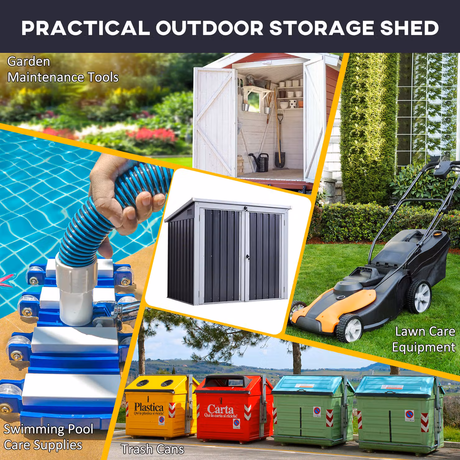 Outsunny Black Corrugated Steel 2-Bin Garden Rubbish Storage Shed with Locking Doors and Lid – 4