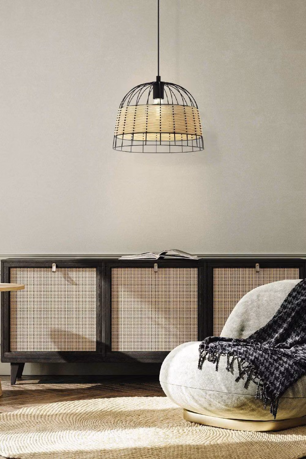 Eglo Anwick Round Metal and Rattan Ceiling Fitting in Black and Brown – 2