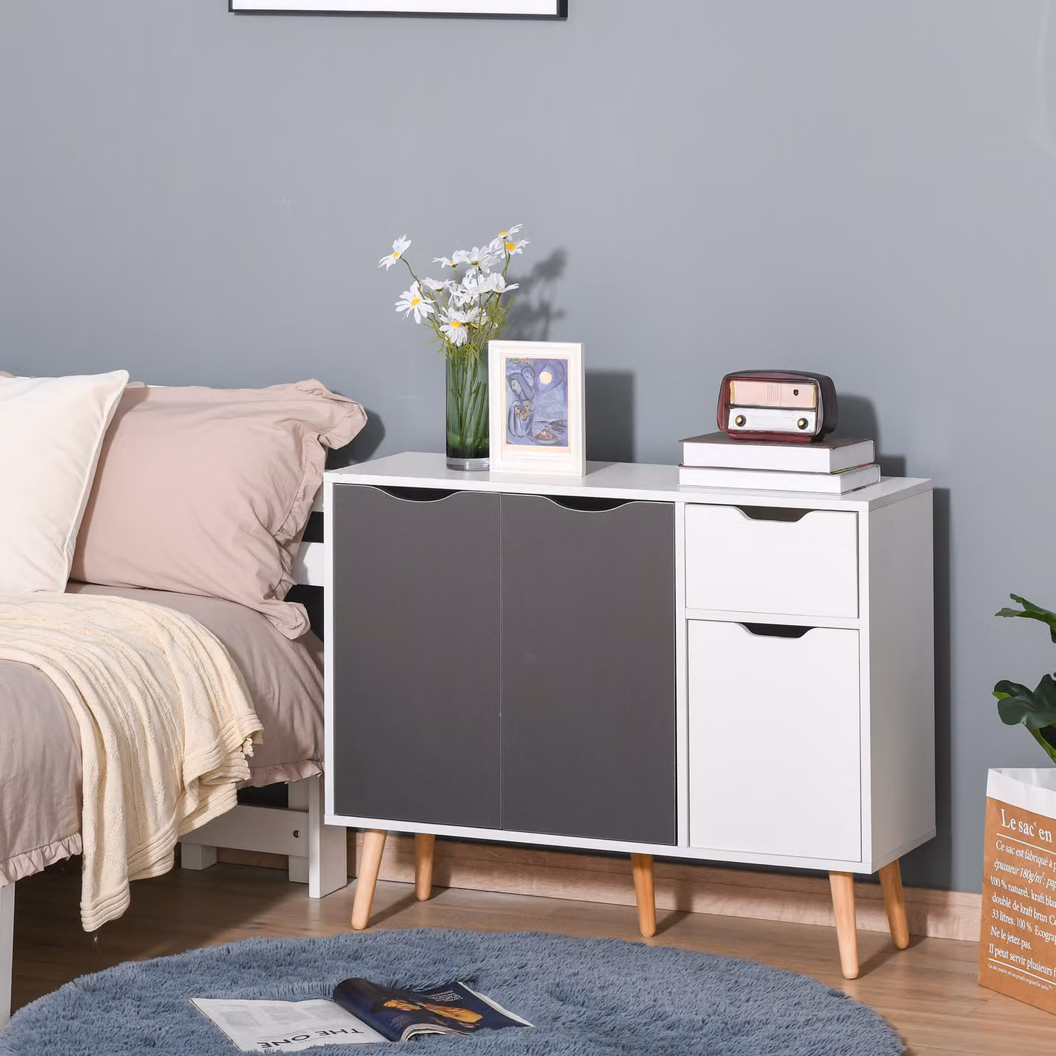HOMCOM Scandinavian Style Sideboard Floor Standing Storage Cabinet with Drawer in Grey and White – 2