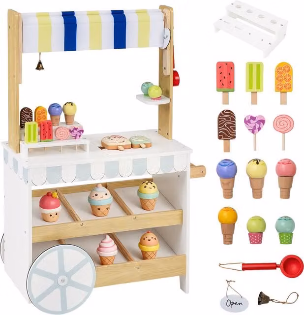 Costway 2-in-1 Grocery Store and Ice Cream Cart Playset in White Wood