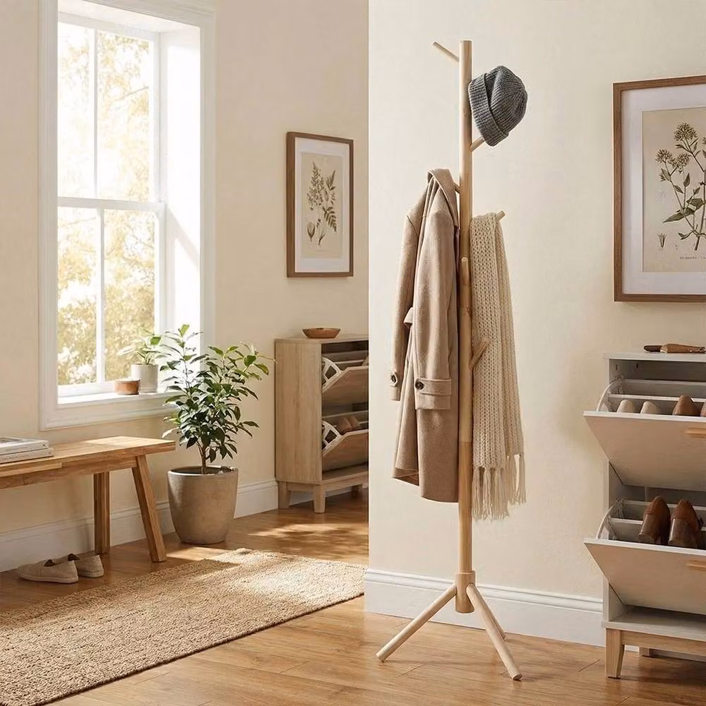 NESTLUNE Scandinavian Pine Wooden Freestanding Coat Rack and Hat Stand in Natural Brown and Beige, H 175.0 cm x W 44.0 cm – 2