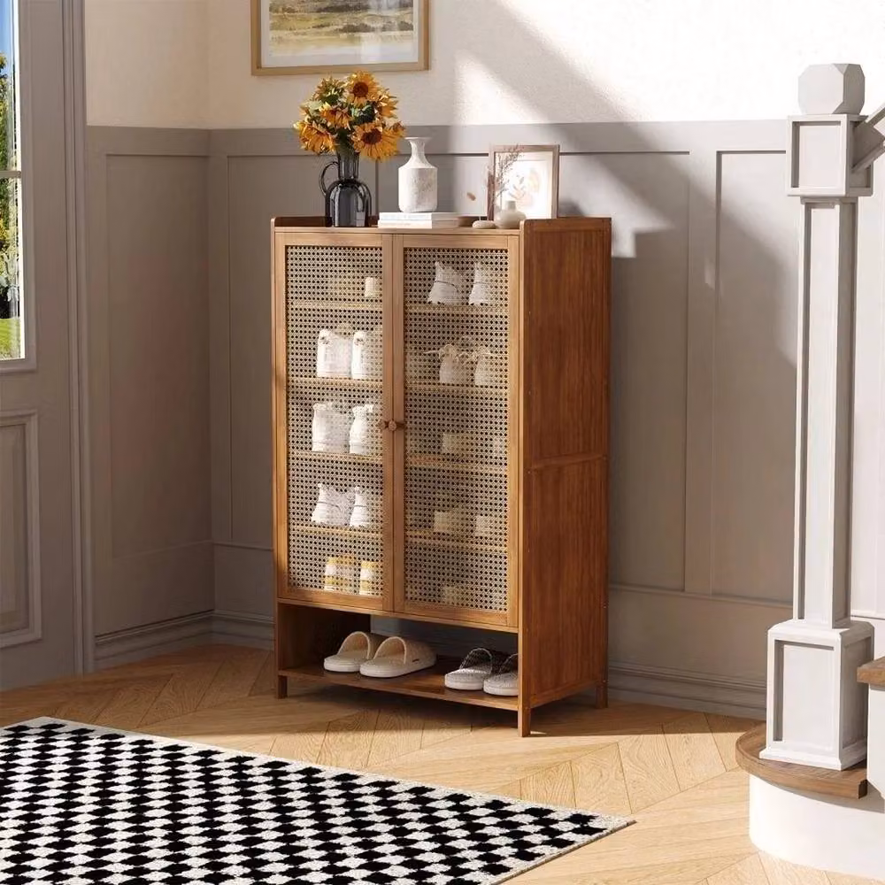 PAWNORA 7-Tier Shoe Rack Storage Cabinet with 2 Hinged Glass Doors in Natural Brown – 3