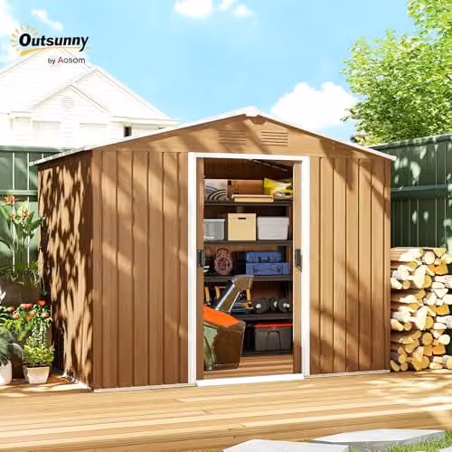Outsunny Brown Wood Effect Metal Garden Storage Shed with Double Doors and Side Vent – 2