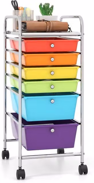 Gymax 6-Drawer Metal Mobile Utility Storage Trolley with Castors, Multicolour