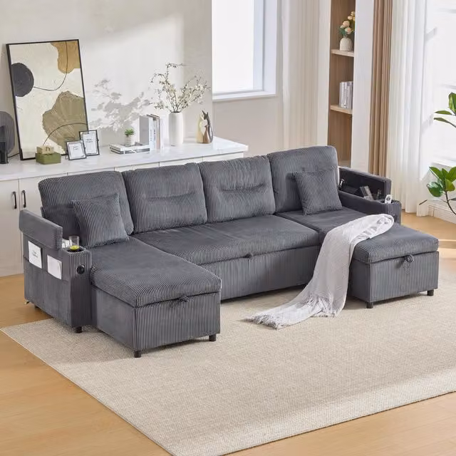 Aosom UK Contemporary 4-Seater U-Shaped Sofa with 2 Chaise Longues in Charcoal Grey, Featuring Ribbed Corduroy Upholstery, Built-in Cup Holders, USB Charging and Sleeping Function, W: 272 cm, D: 136 cm, H: 86 cm