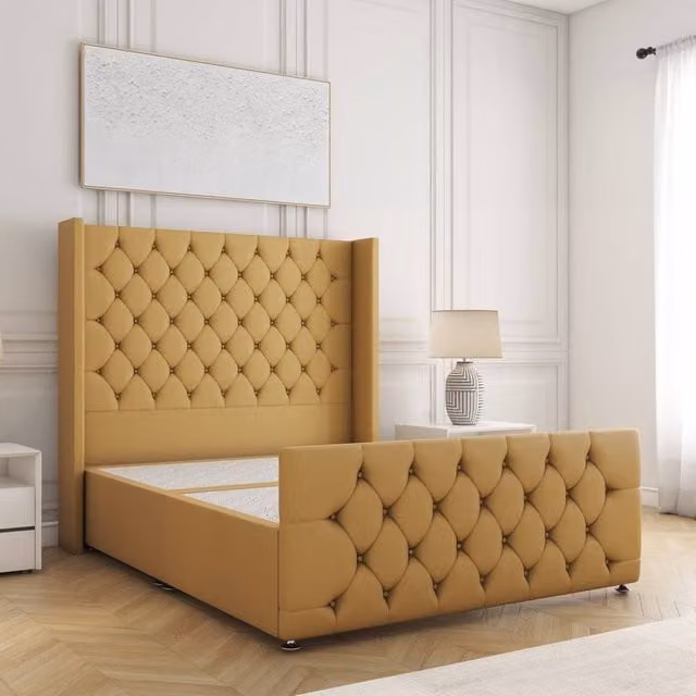BSSPOKE Florida Divan Bed with 54 inch Plush Velvet Headboard in Mustard Yellow, Super King Size