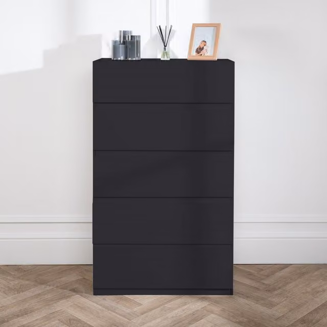 Home Treats Minimalist Black Matt Wood and Metal Bedroom Chest of Drawers