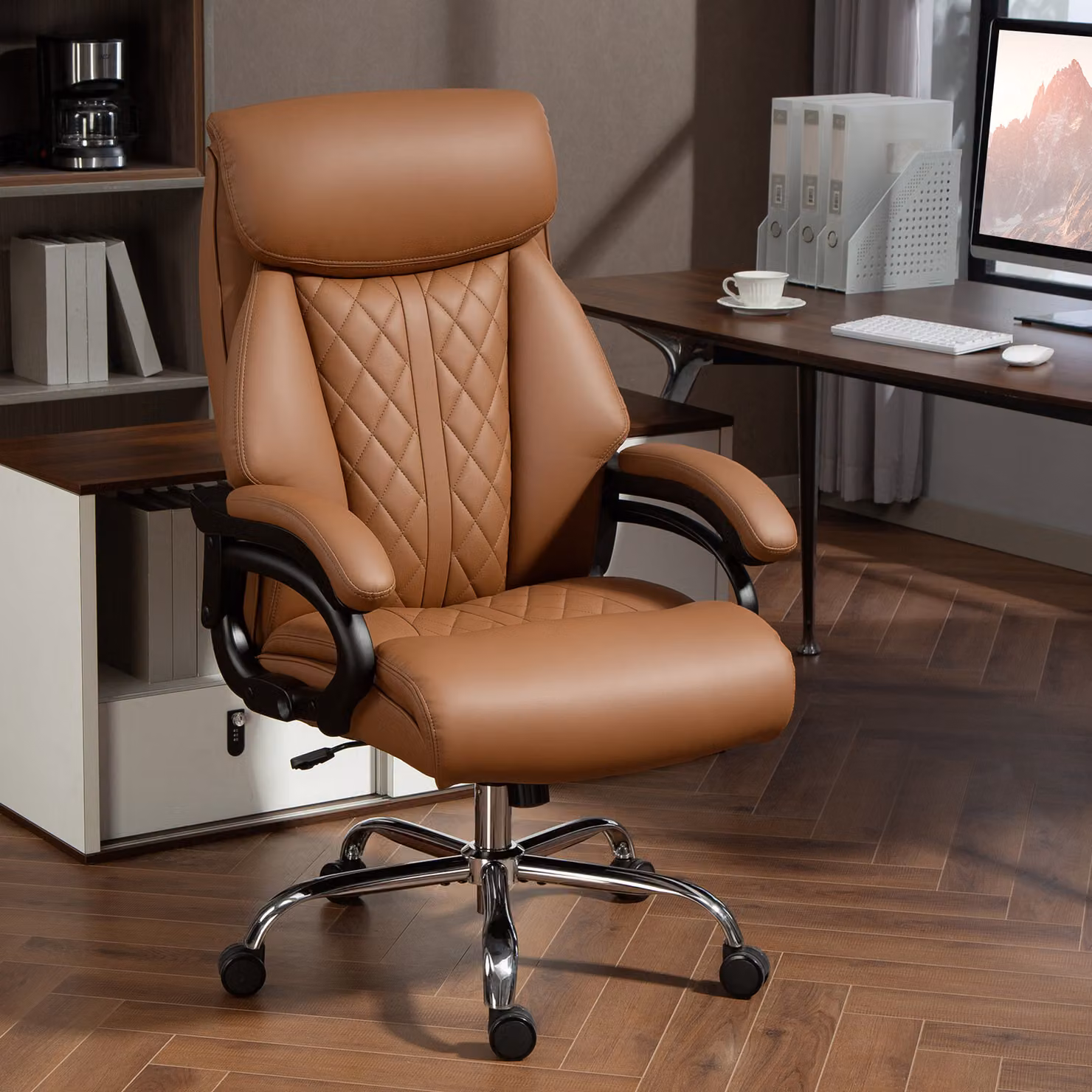 HOMCOM Modern Spring Padded Faux Leather Task Office Chair with Armrests and Castors, Brown – 2