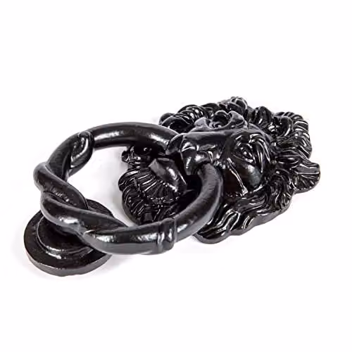 Hammer and Tongs Lion Head Door Knocker in Matt Black Iron, Height: 15.0 cm – 3