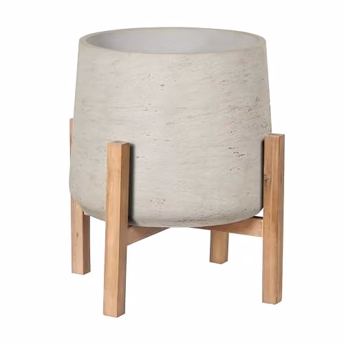 Primrose Modern Round Concrete Tabletop Planter with Wooden Stand in Beige or Grey, Diameter: 30 cm – 2