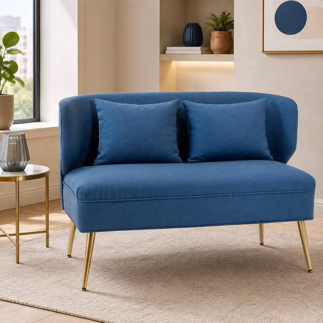 STILVORA 2 Seater Blue Wing Back Sofa with Metal Legs and Linen Fabric Upholstery – 1
