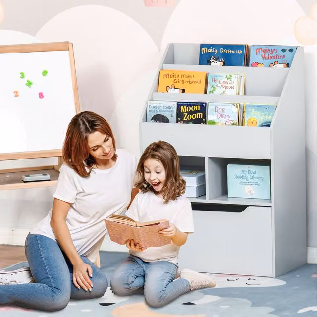 HOMCOM Kids Bookshelf with Storage Drawer and Wheels, Grey Toy Organiser – 1
