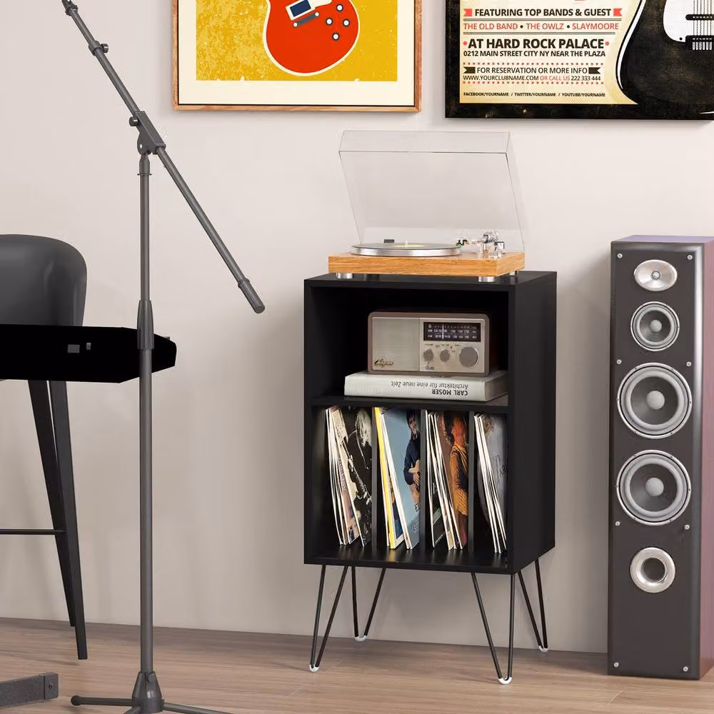 Gymax 3-Tier Record Player Stand and Vinyl Storage Unit with Charging Station in Black – 2