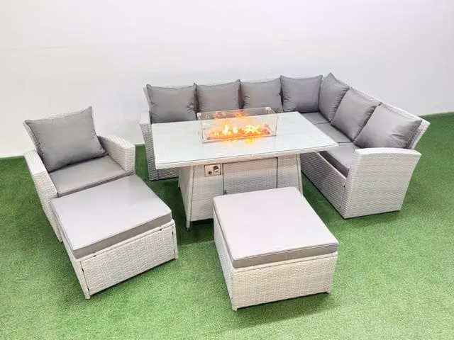 Fimous Outdoor Garden Dining Set with Gas Firepit Table and 2 Large Stools in Light Grey