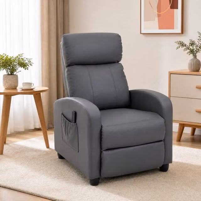 STILVORA Grey Synthetic Leather Recliner Armchair with Ottoman and Armrests