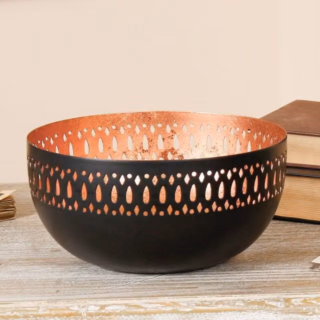 Dibor Decorative Laser Cut Geometric Tea Light Candle Holder Bowl in Black and Bronze Metal – 1