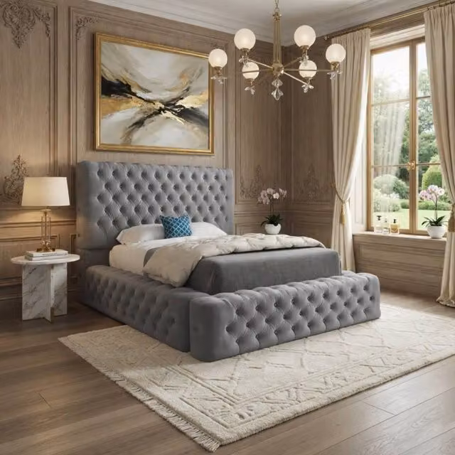 Casani Isleham Grey Pleated Upholstered Chesterfield Designer Bed Frame, W/D/H: 160 x 137 x 120 cm