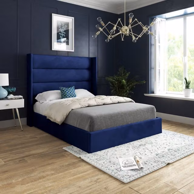 KDMD Jacob Soft Velvet Upholstered Straight Winged Bed Frame, Blue, W/D/H: 90 x 190 cm