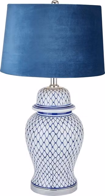 KDMK Malabar Ceramic Ginger Jar Tabletop Lamp with White Velvet Fabric Shade