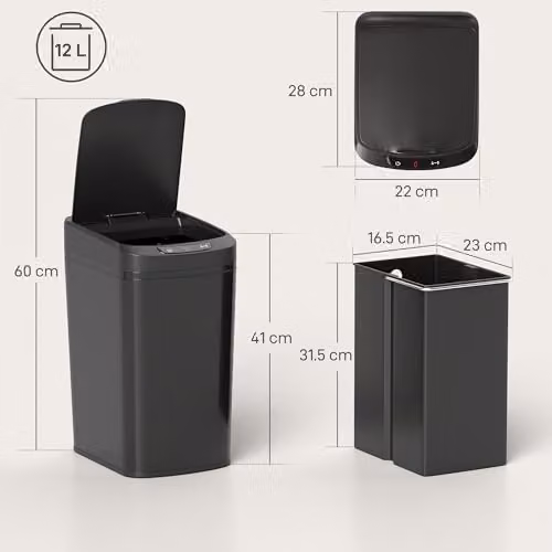 HOMCOM 12L Automatic Touchless Motion Sensor Kitchen Bin, Black, W/D/H: 28 x 41 x 22 cm – 3
