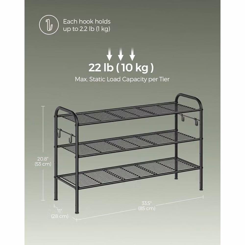 The Bazaarist 3 Tier Metal Shoe Rack with Adjustable Shelves in Matt Black – 3
