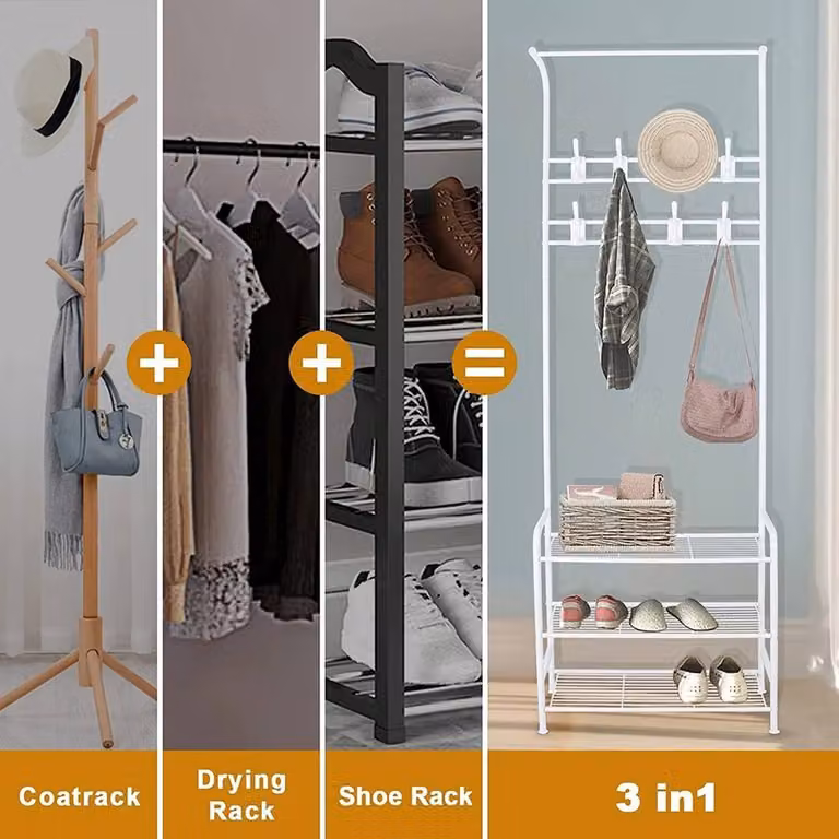FORGEVIO Metal Hall Tree Coat Rack Stand and Shoe Storage Bench in Matt Black