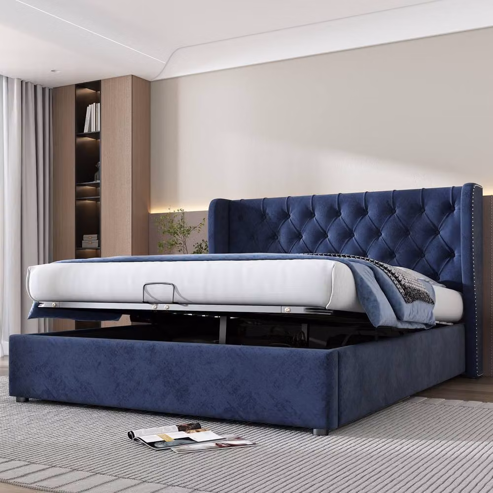 Rolipo Blue Velvet Upholstered Double Bed with Lift Up Base, W/D/H: 140 x 200 cm – 2