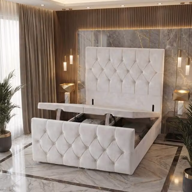 Somnior Ziggy Single Plush Storage Ottoman Divan Base with Lift Up Storage and White Velvet Fabric Upholstery W/D/H: 90 x 190 x 40 cm