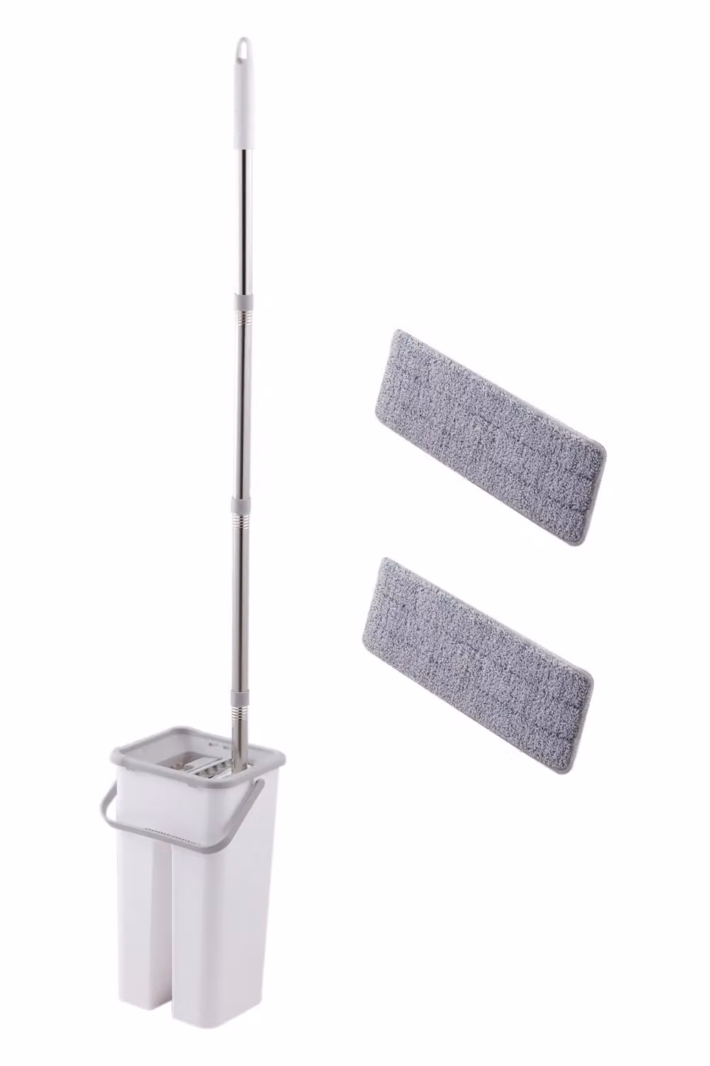 Living and Home Wet and Dry Flat Mop Bucket Set with Wringer and 2 Cleaning Pads in Grey and White – 2