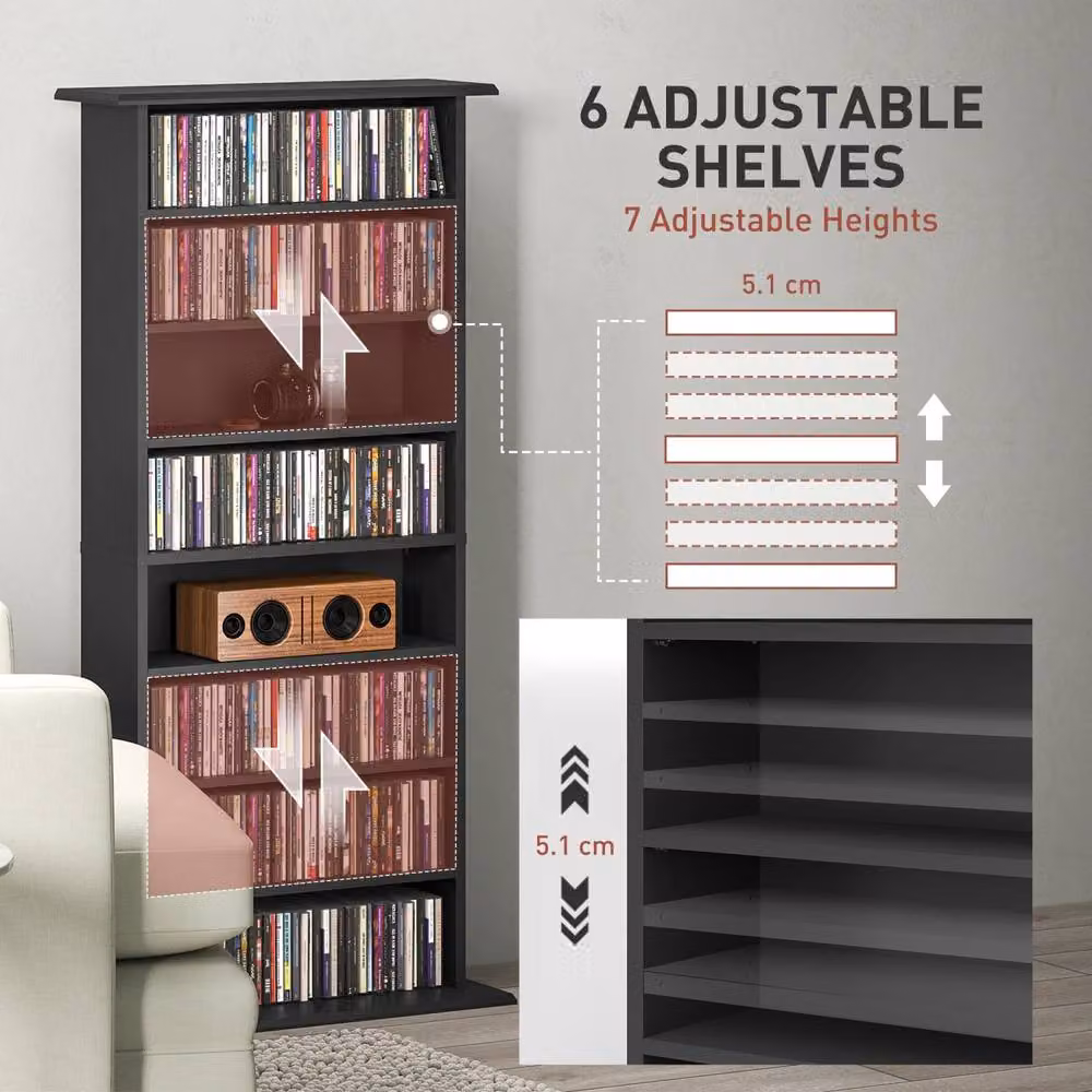 Wyld Haus Kael Black CD Storage Unit with 8 Media Compartments and Adjustable Shelves, H 126.3 cm x W 58 cm x D 24 cm – 6